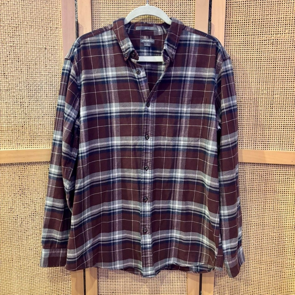 Eddie Bauer Maroon Red Plaid Shirt Grunge Style Size Large